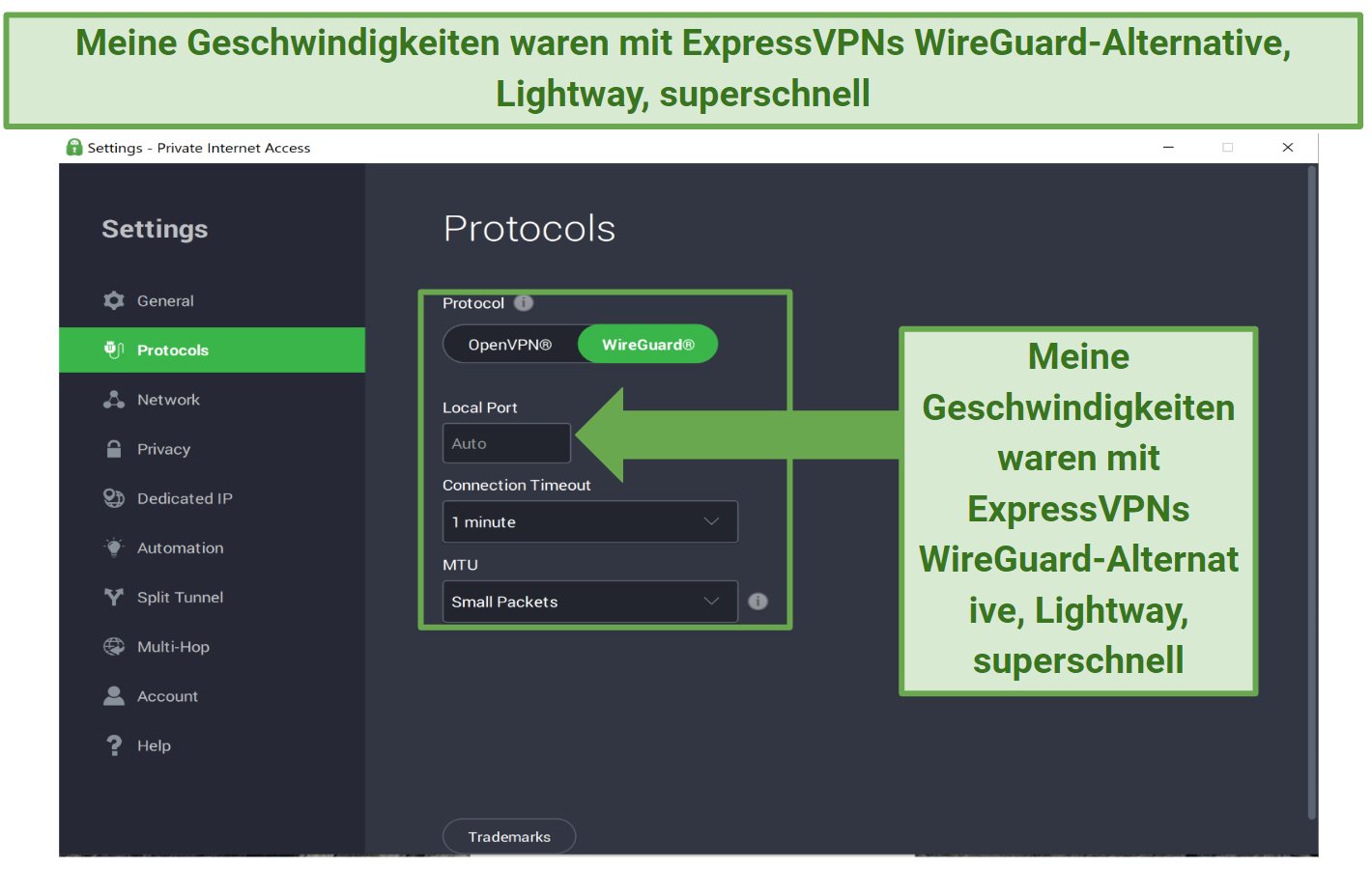 Screenshot of PIA's customizable features using WireGuard protocol.