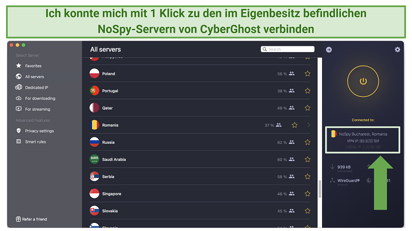Screenshot of the CyberGhost app connected to independently-managed NoSpy servers in Bucharest, Romania