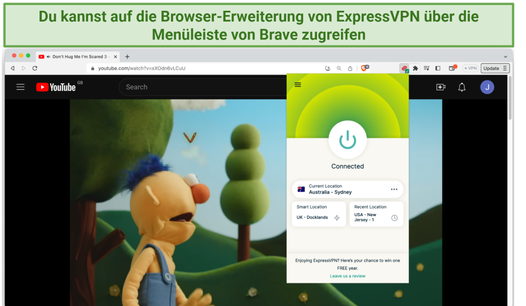 Screenshot of Brave browser streaming a YouTube video, with the ExpressVPN browser extension visible and connected to a server in Australia