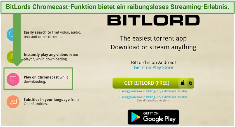 A screenshot showing BitLord's Play on Chromecast feature