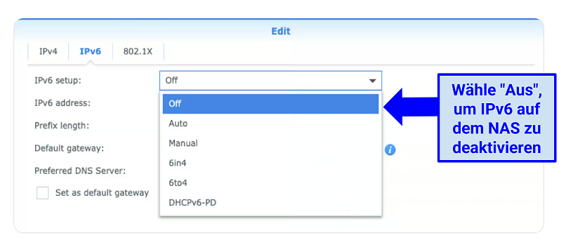 Screenshot showing how to disable IPv6 on Synology NAS