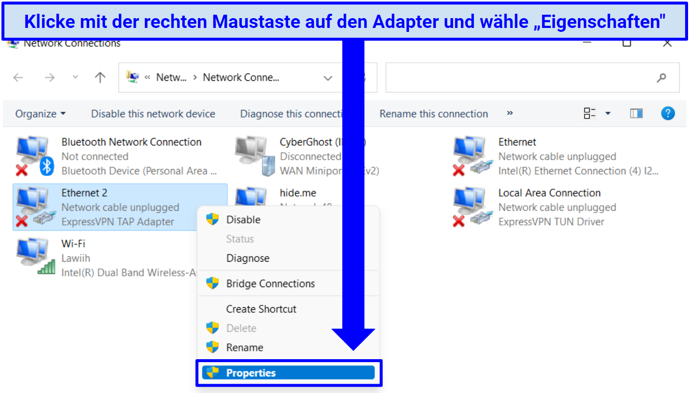 A screenshot showing how to access the properties settings of a network adapter on a Windows PC