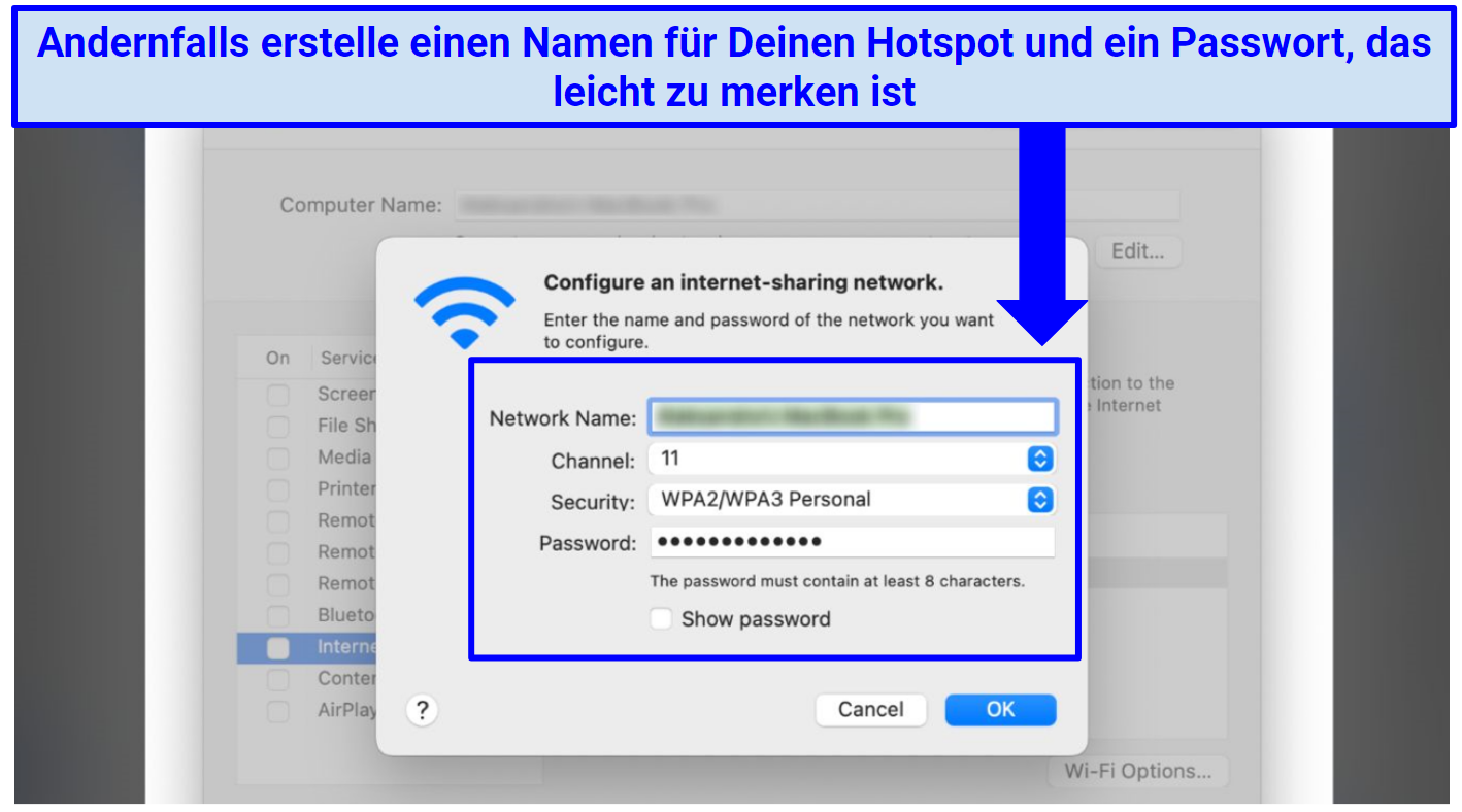 A screenshot showing it's easy to enter a name and password for the hotspot you want to configure in Mac