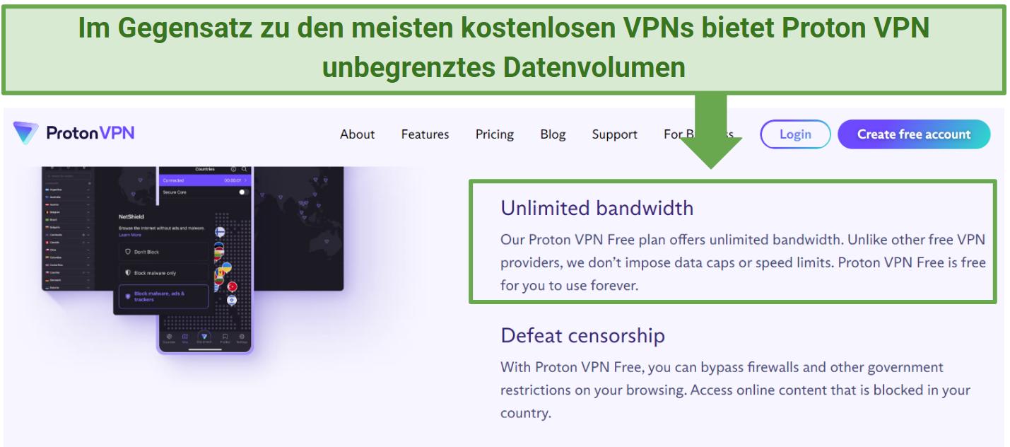 A screenshot showing Proton VPN's free plan doesn't cap bandwidth