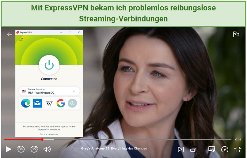 Screenshot of Grey's Anatomy streaming on Netflix with ExpressVPN connected to a US server
