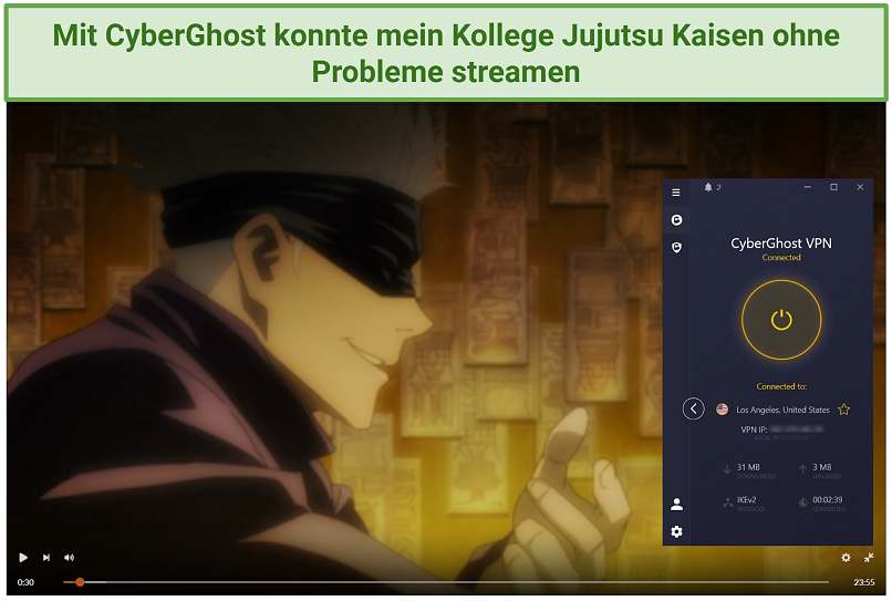 Streaming Jujutsu Kaisen using CyberGhost's server optimized for Crunchyroll.