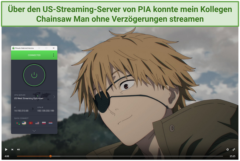 Screenshot of streaming Chainsaw Man on Crunchyroll while connected to PIA.