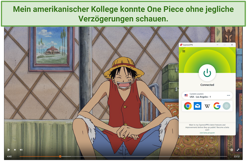 Screenshot of streaming One Piece on Crunchyroll while connected to ExpressVPN's Los Angeles server.