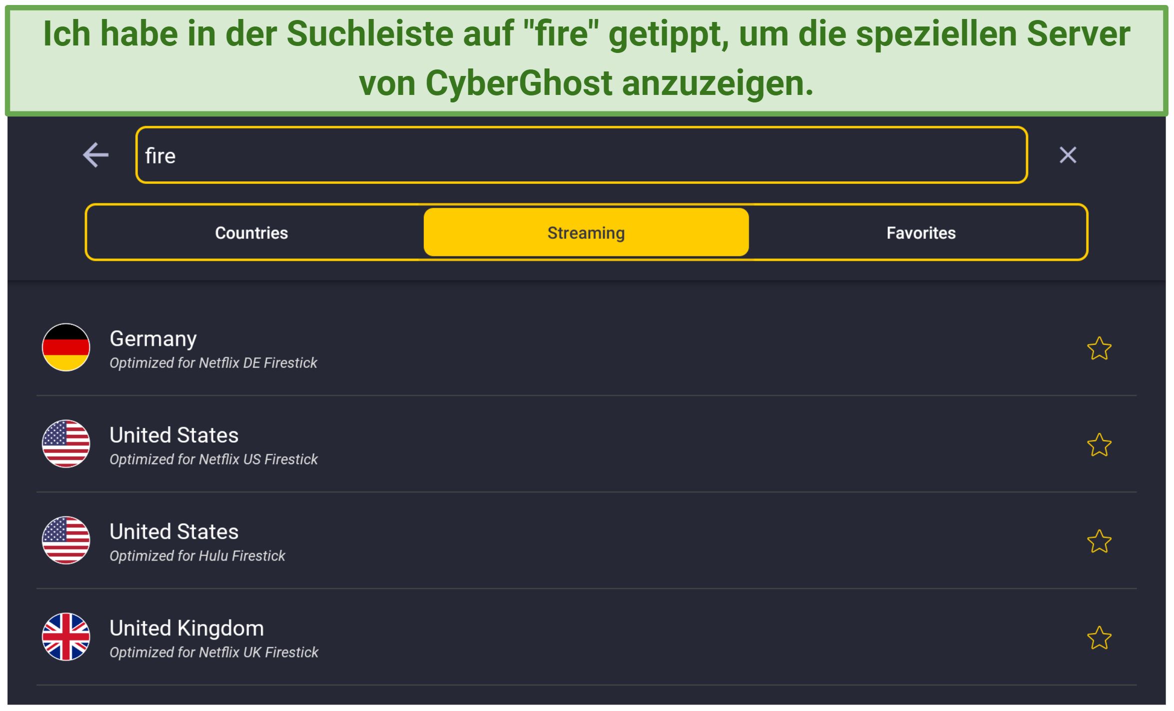 Screenshot of the specialty Fire Stick servers on the native Fire app