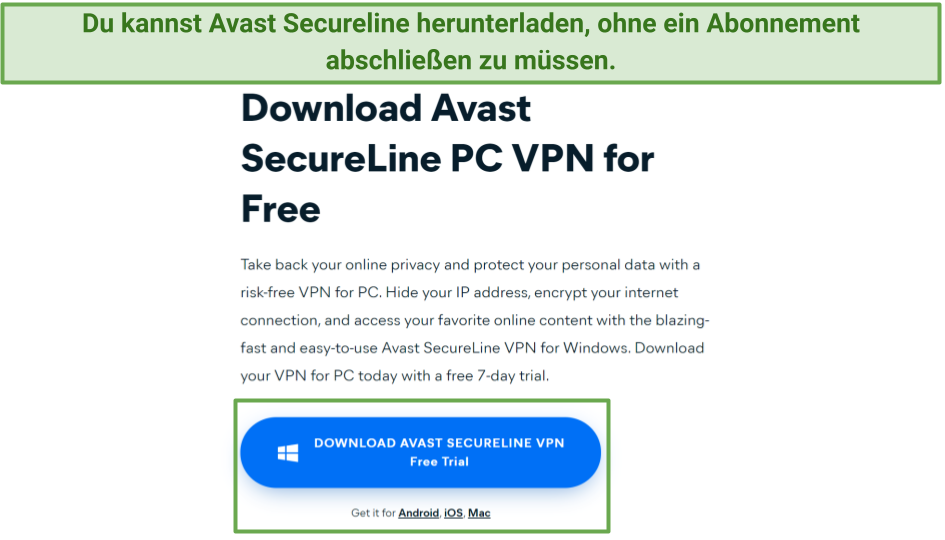 Screenshot of download page from Avast's website where you can get its Windows .exe file