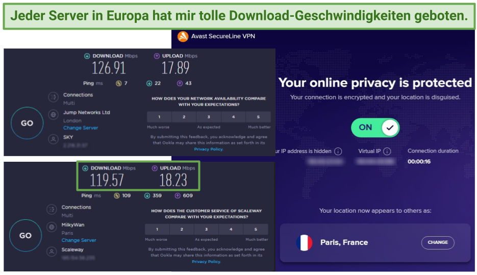 Screenshot of Ookla speed tests done with Avast Secureline VPN connected and one with no VPN connected