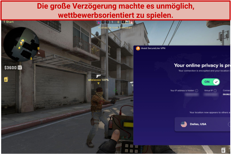 Screenshot of Counter Strike: Global Offensive being played while connected to Avast Secureline VPN
