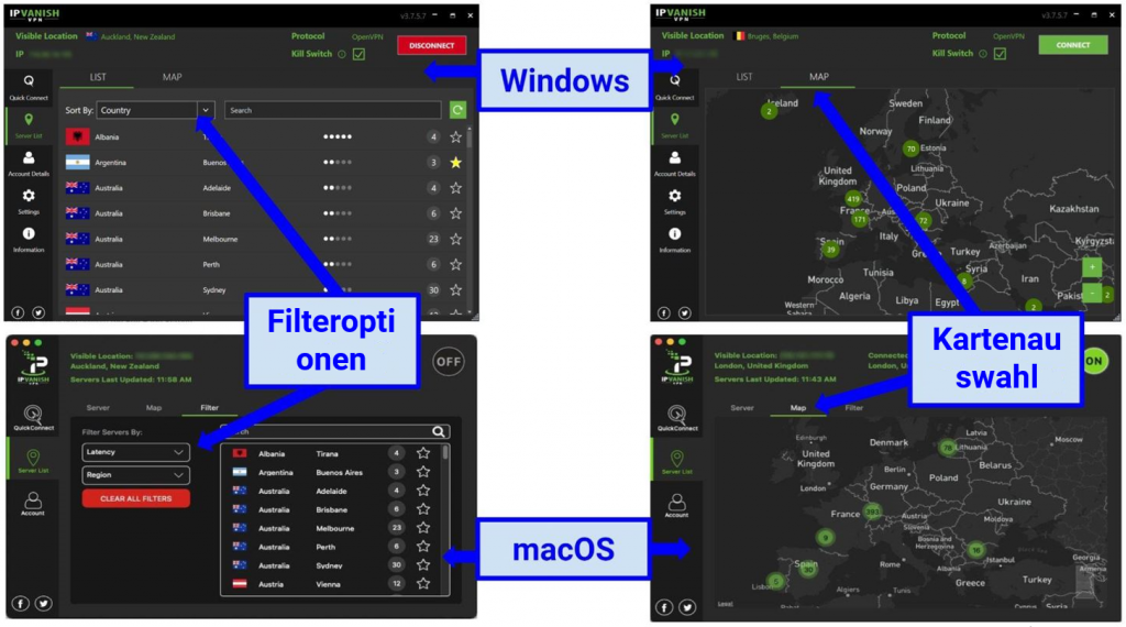 Screenshots showing IPVanish's server selection options on its Windows and macOS app