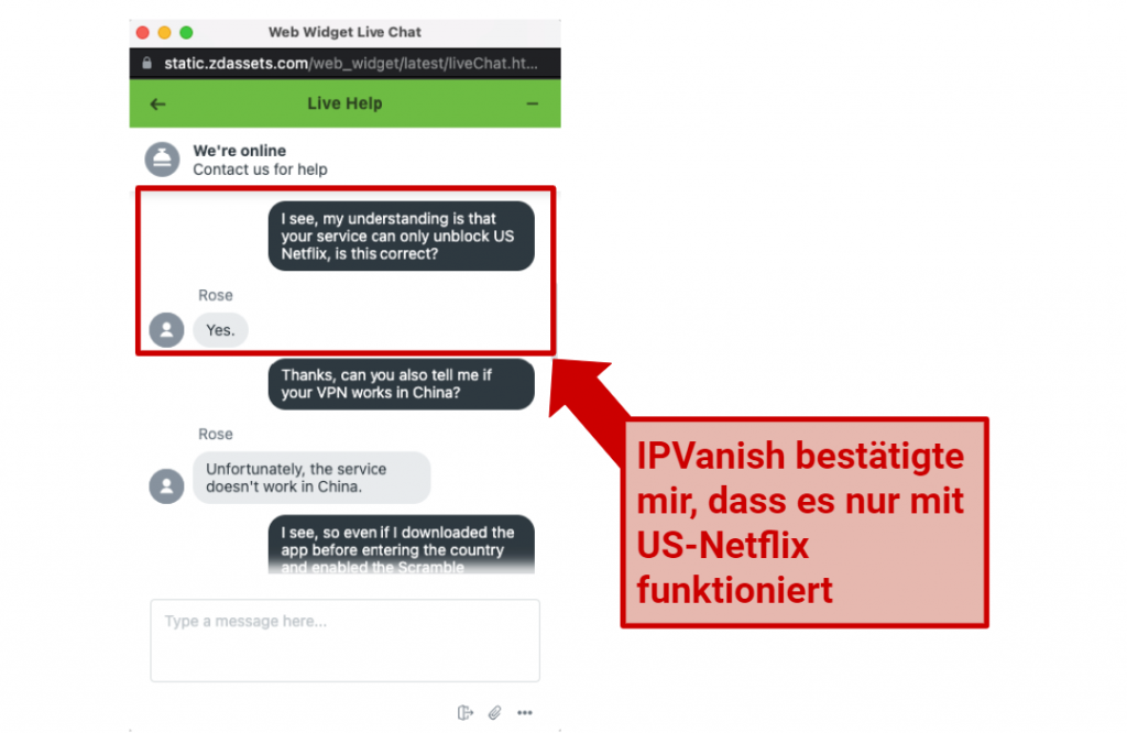 Graphic showing IPVanish Netflix chat