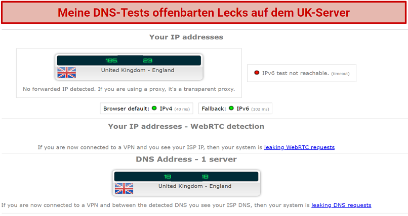 Graphic showing MozillaVPN failing a DNS leak test on its UK servers