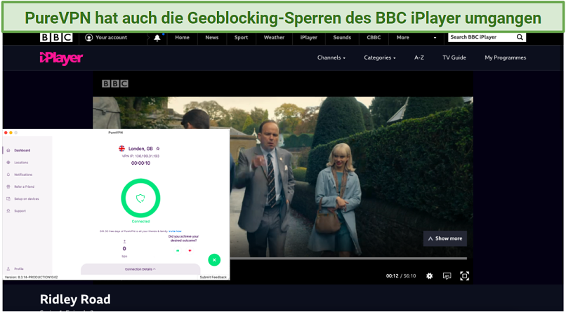 screenshot of BBC iPlayer streaming Ridley Road unblocked with PureVPN