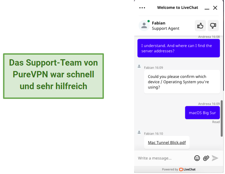 screenshot showing PureVPN's live chat support