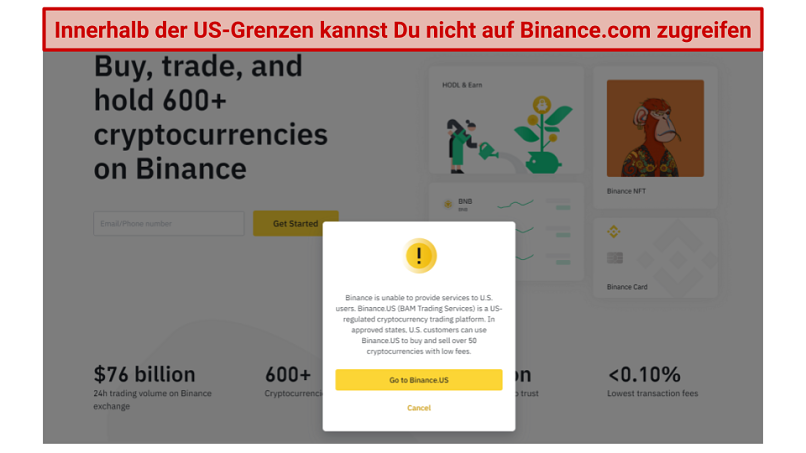 A screenshot of the notification that pops up when you try accessing Binance from the US