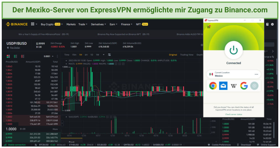 A screenshot of ExpressVPN's VPN's Mexico server successfully unblocking Binance