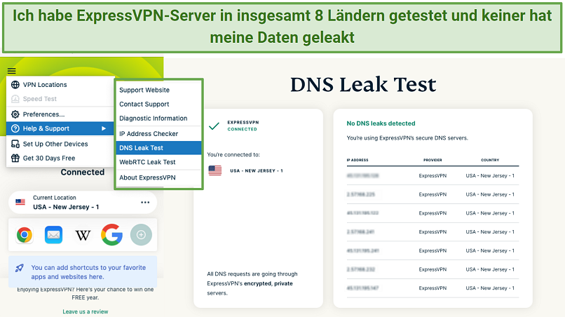 A screenshot of ExpressVPN passing a leak test.