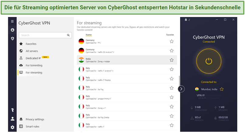 Screenshot showing CyberGhost's streaming-optimized servers