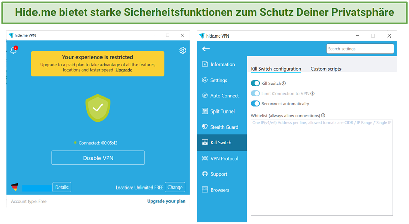 Screenshot showing Hide.me's security features