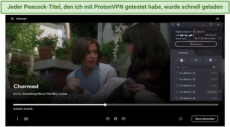 Screenshot showing Charmed streaming on Peacock with ProtonVPN connected