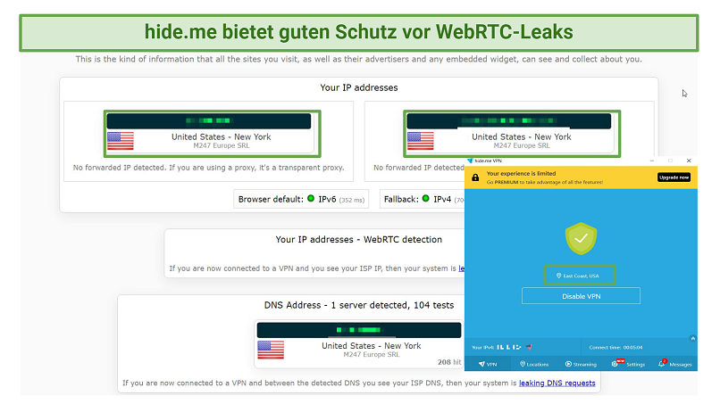 screenshot showing hideme's webRTC leak test results