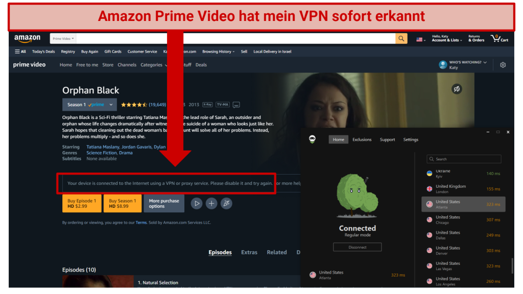 graphic showing Adguard unable to access Amazon Prime Video US
