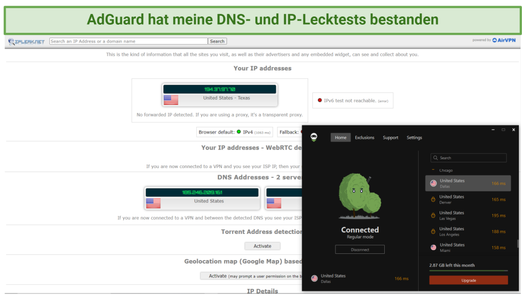 Graphic showing AdGuard passing a DNS and IP leak test