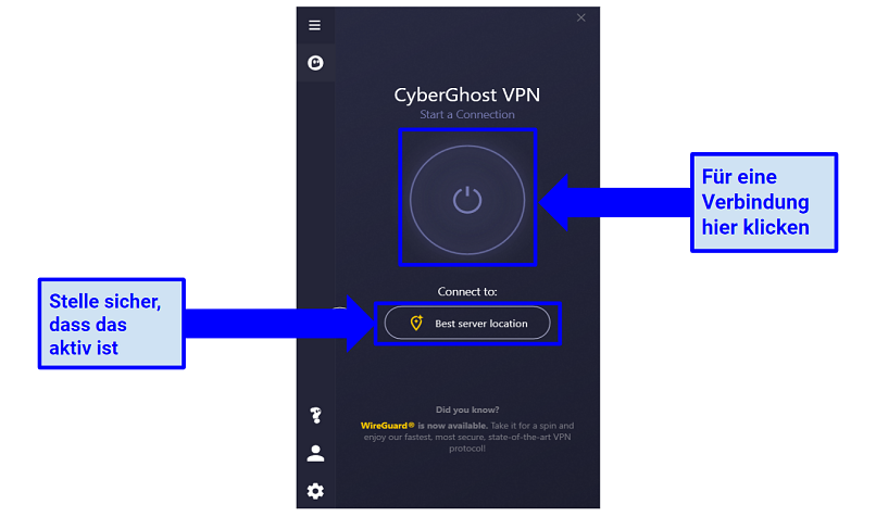 Graphic showing CyberGhost interface with best server location