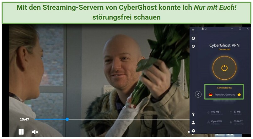 A screenshot showing CyberGhost is fast enough to watch ARD Mediathek in HD