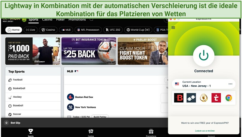 Screenshot der ExpressVPN-App verbunden mit einem Server in New Jersey, über einem Browser, der BetMGM zeigt