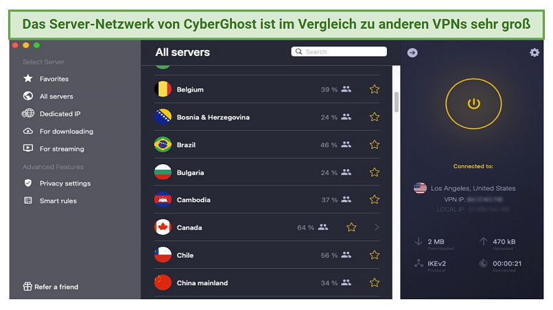Graphic showing CyberGhost's servers on its macOS app