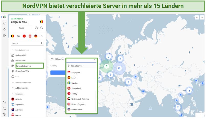 ein Screenshot, der eine Liste von NordVPNs verschleierten Servern zeigt