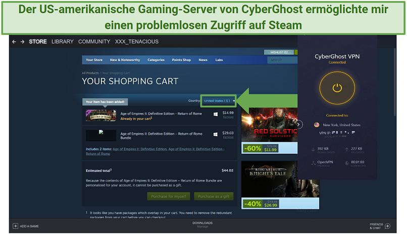 Screenshot des US-Steam-Stores mit verbundenem CyberGhost