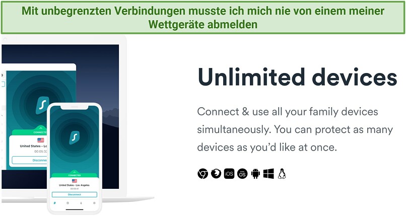 Screenshot zeigt Surfsharks unbegrenzte Geräteverbindungen