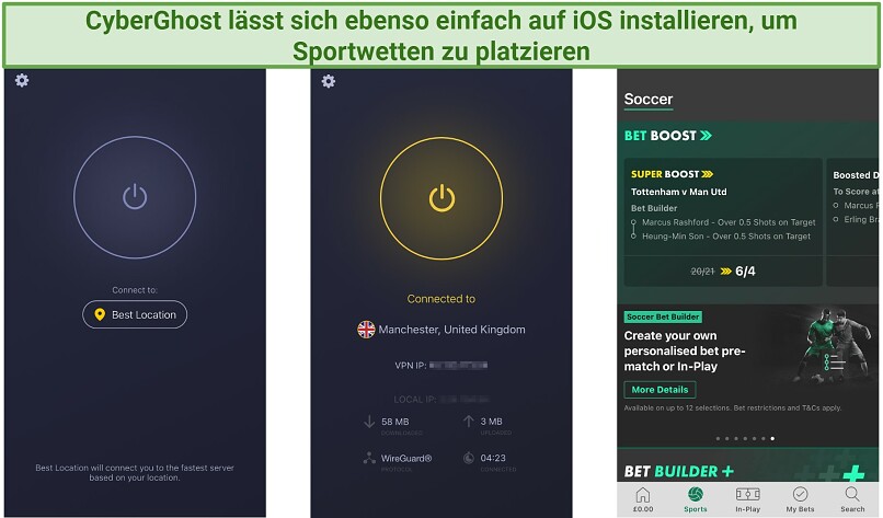 Screenshot der CyberGhost-App und bet365 auf einem iPhone