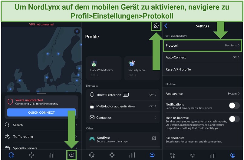 Screenshot, der zeigt, wie man das eigene NordLynx-Protokoll auf Mobilgeräten aktiviert