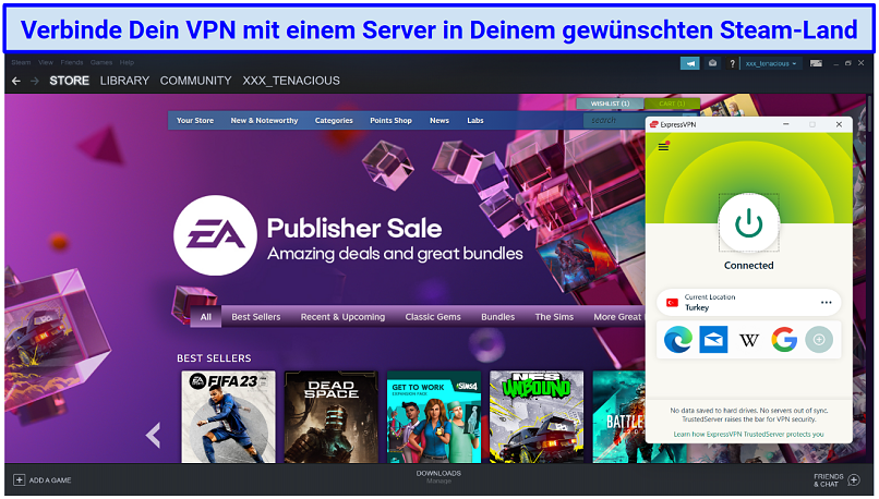 Ein Screenshot, der den Steam Store zeigt mit ExpressVPN verbunden mit einem Server in der Türkei