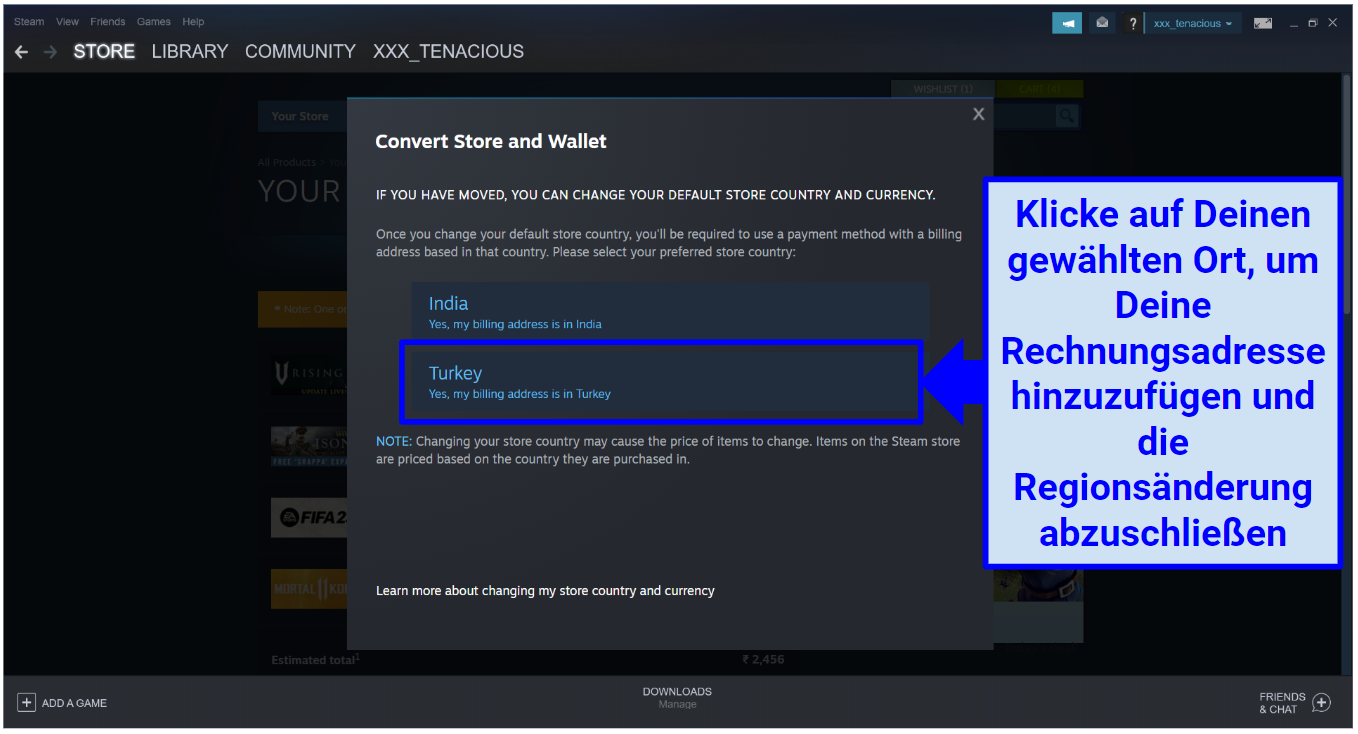 Ein Screenshot zeigt, dass der Benutzer auf seinen gewählten Standort klicken kann, um seine Rechnungsadresse einzugeben und seine Region auf Steam zu ändern