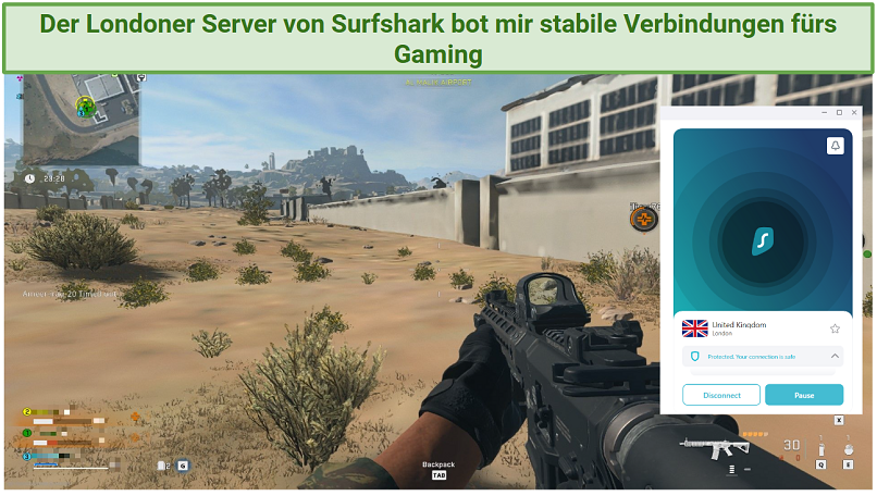 Screenshot showing Warzone Gameplay with Surfshark connected