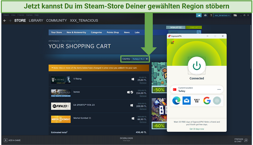 Ein Screenshot zeigt einen Steam-Store-Einkaufswagen mit der angewandten Regionsänderung