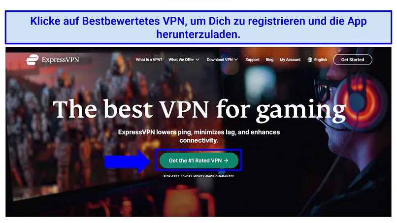 Screenshot of ExpressVPN's gaming landing page explaining that it offers servers with low ping and minimal lag covered by a 30-day money-back guarantee