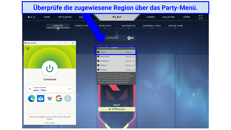 Screenshot of ExpressVPN app and Valorant party menu