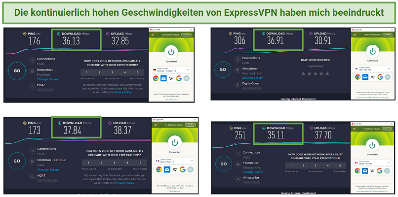 A screenshot showing ExpressVPN's great speeds while connected to various servers worldwide