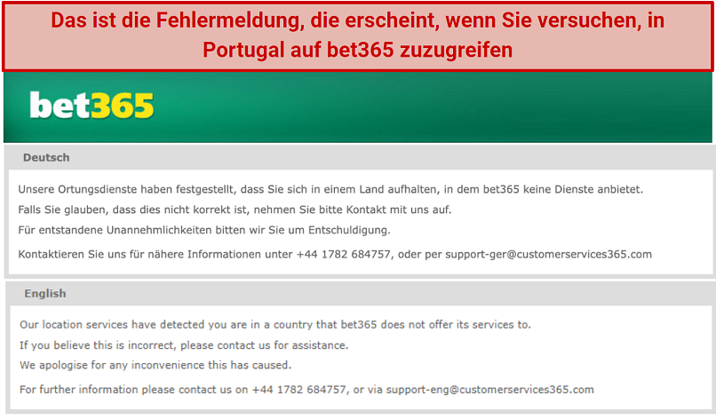 A screenshot of bet365's location error message in Portuguese and English
