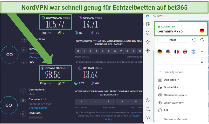 Screenshot of two speed test results showing baseline internet speed compared to speeds while NordVPN is connected to a server in Germany