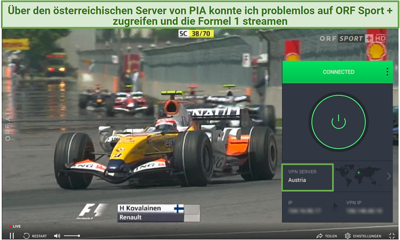 A screenshot of streaming F1 races on ORF Sport + using PIA's Austrian server