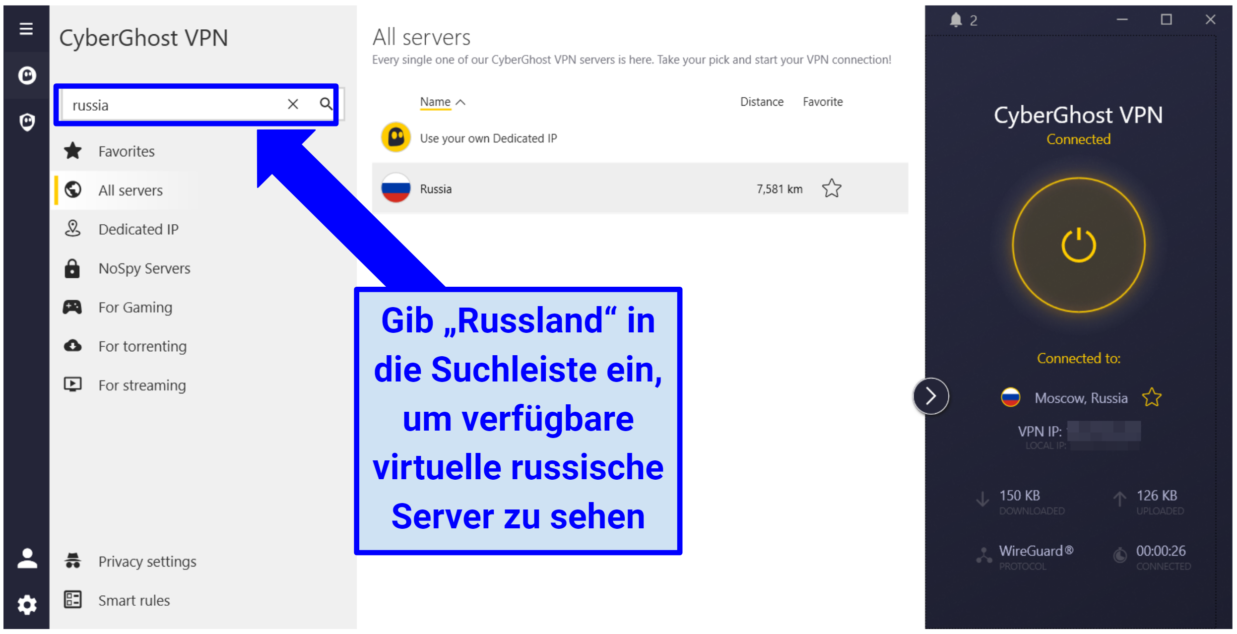 Screenshot zeigt, wie man virtuellen Russland-Server nutzt